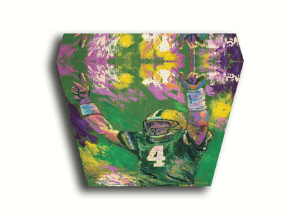 A painting of Brett Favre, legendary quarterback of the Green Bay Packers, striking a celebratory pose. Printed on canvas.