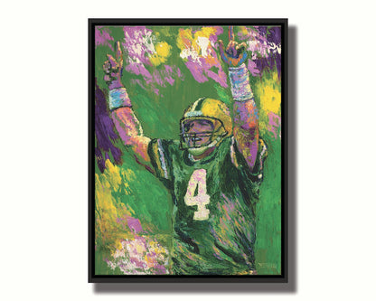 A painting of Brett Favre, legendary quarterback of the Green Bay Packers, striking a celebratory pose. Printed on canvas in a float frame.