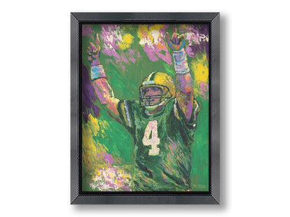 A painting of Brett Favre, legendary quarterback of the Green Bay Packers, striking a celebratory pose. Printed on canvas and framed.