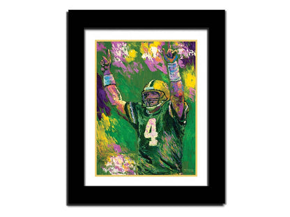 A painting of Brett Favre, legendary quarterback of the Green Bay Packers, striking a celebratory pose. Printed on paper, matted, and framed.