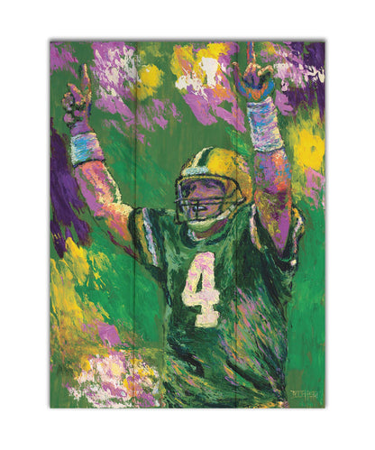 A painting of Brett Favre, legendary quarterback of the Green Bay Packers, striking a celebratory pose. Printed on a box board.