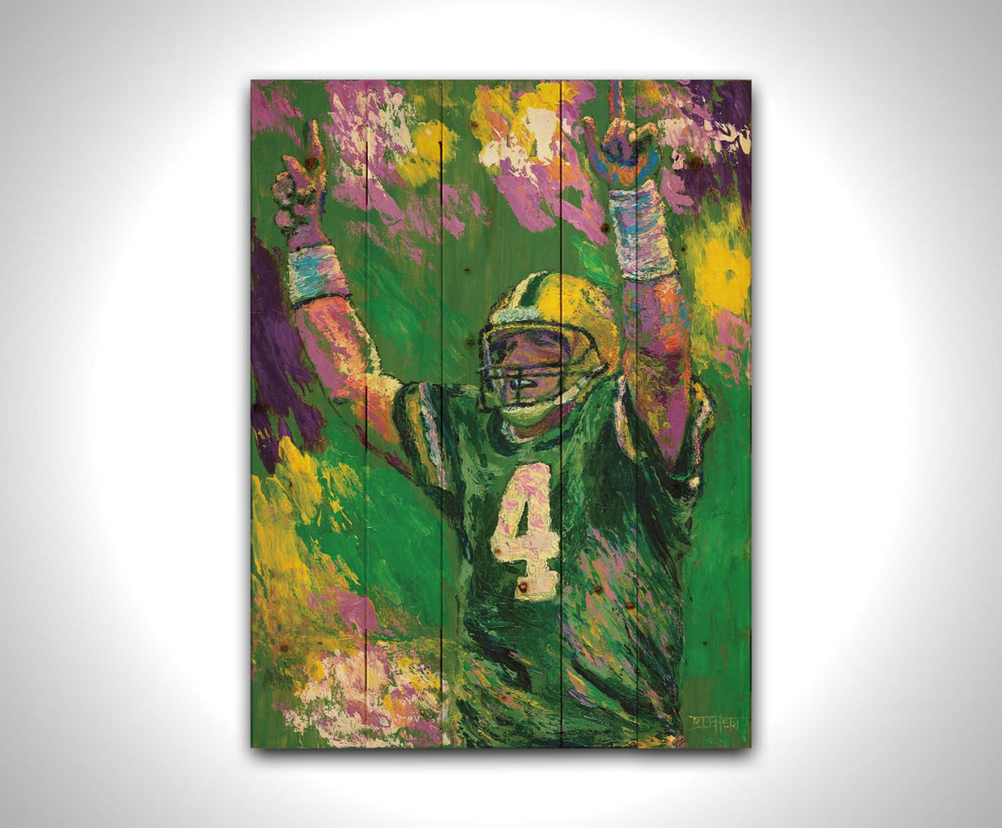 A painting of Brett Favre, legendary quarterback of the Green Bay Packers, striking a celebratory pose. Printed on a wood pallet.