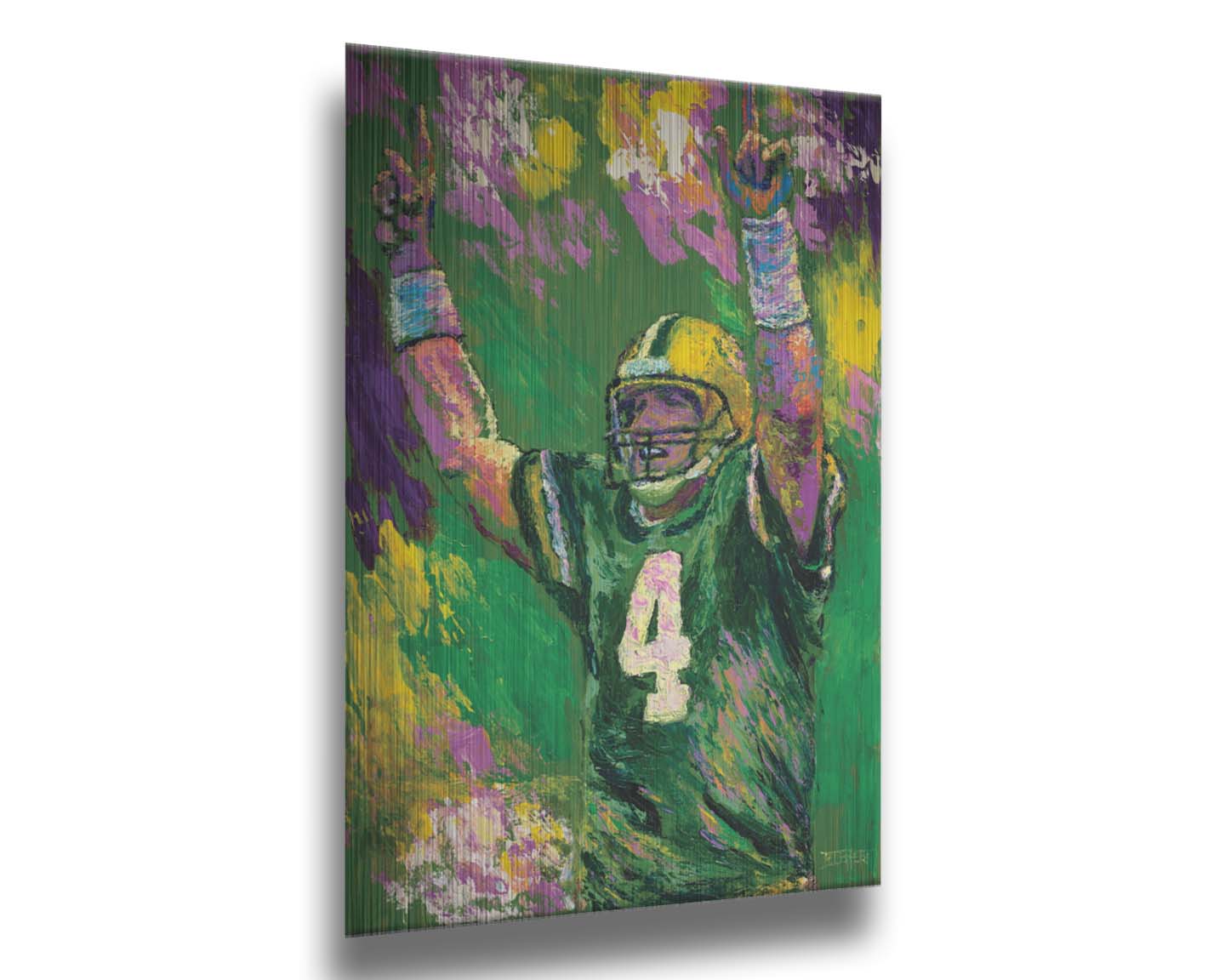 A painting of Brett Favre, legendary quarterback of the Green Bay Packers, striking a celebratory pose. Printed on metal.