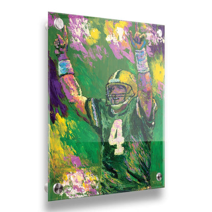 A painting of Brett Favre, legendary quarterback of the Green Bay Packers, striking a celebratory pose. Printed on acrylic.