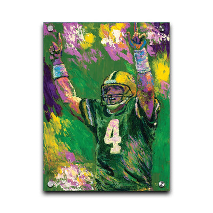 A painting of Brett Favre, legendary quarterback of the Green Bay Packers, striking a celebratory pose. Printed on acrylic.