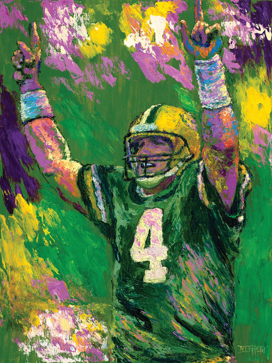 A painting of Brett Favre, legendary quarterback of the Green Bay Packers, striking a celebratory pose.
