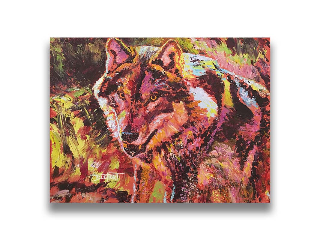 A painting of a wolf rendered in reds and yellows. Printed on canvas.