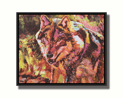 A painting of a wolf rendered in reds and yellows. Printed on canvas in a float frame.