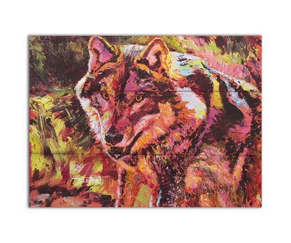 A painting of a wolf rendered in reds and yellows. Printed on a box board.