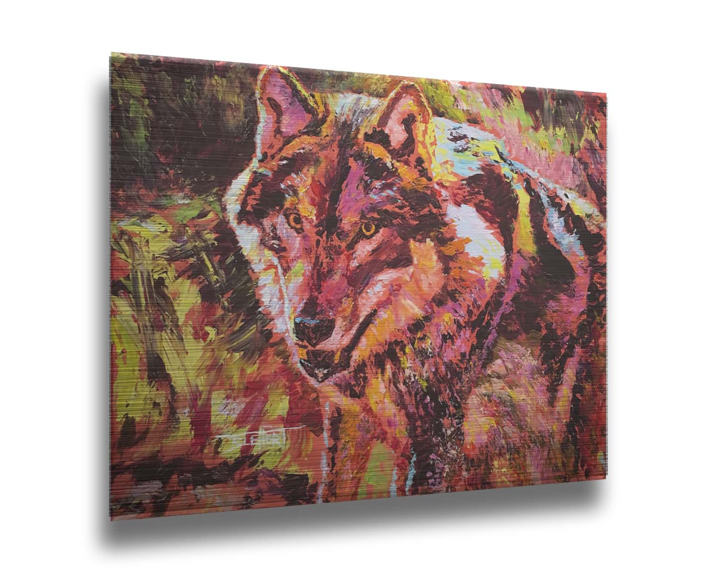 A painting of a wolf rendered in reds and yellows. Printed on metal.