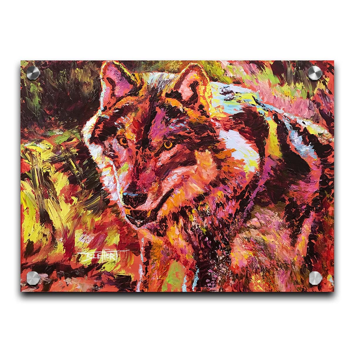 A painting of a wolf rendered in reds and yellows. Printed on acrylic.