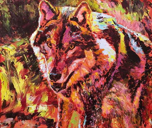 A painting of a wolf rendered in reds and yellows.