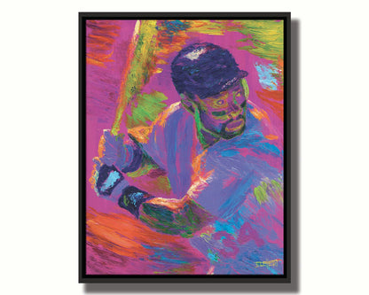 A painting of baseball player Kirby Puckett waiting at bat. Printed on canvas in a float frame.