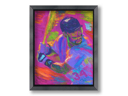 A painting of baseball player Kirby Puckett waiting at bat. Printed on canvas and framed.