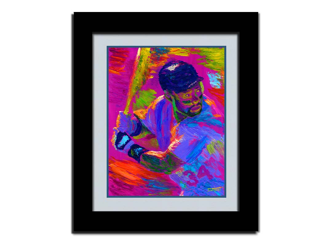 A painting of baseball player Kirby Puckett waiting at bat. Printed on paper, matted, and framed.