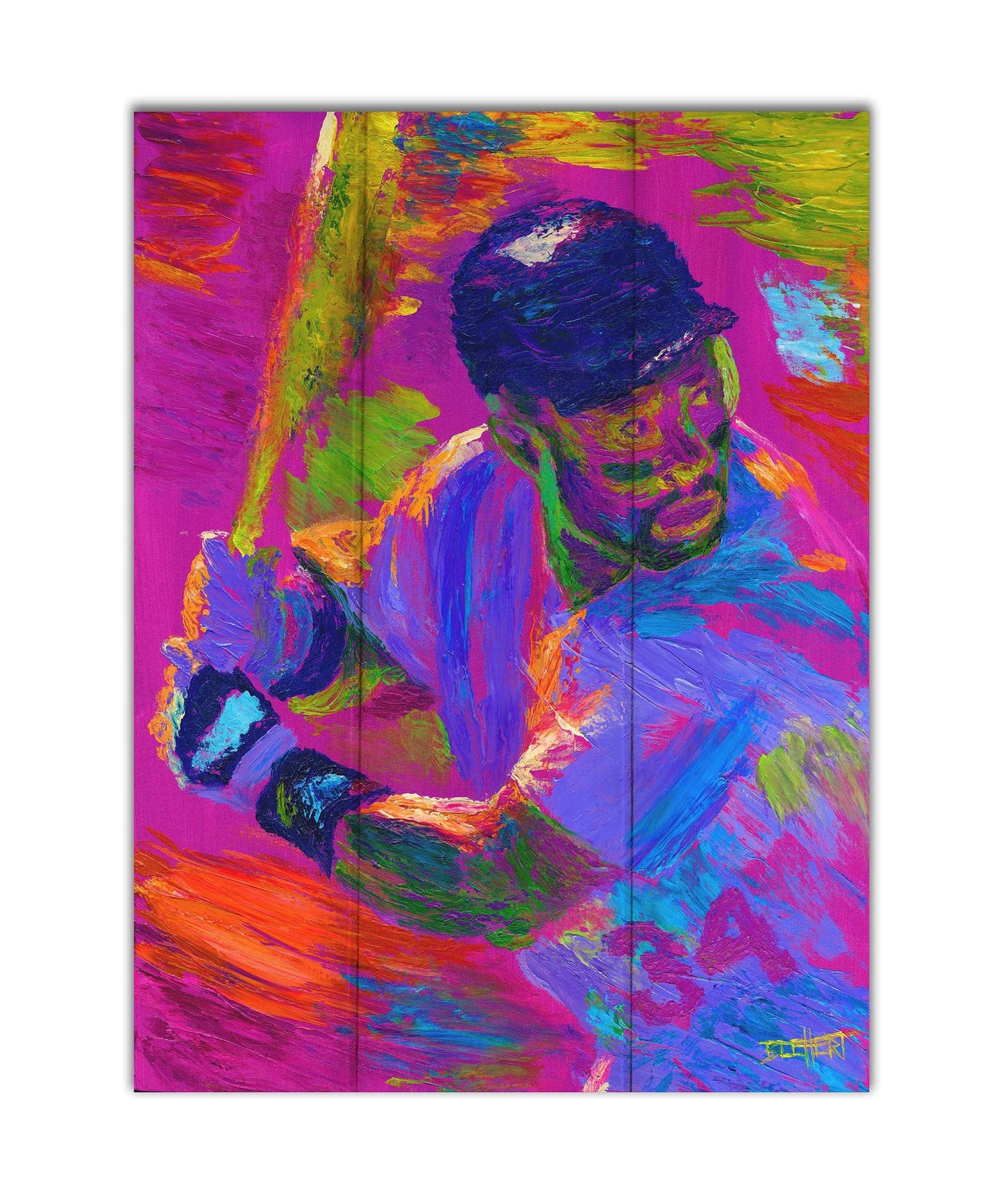 A painting of baseball player Kirby Puckett waiting at bat. Printed on a box board.