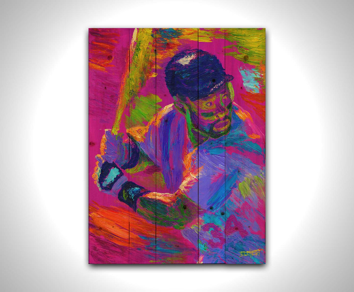 A painting of baseball player Kirby Puckett waiting at bat. Printed on a wood pallet.