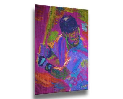 A painting of baseball player Kirby Puckett waiting at bat. Printed on metal.