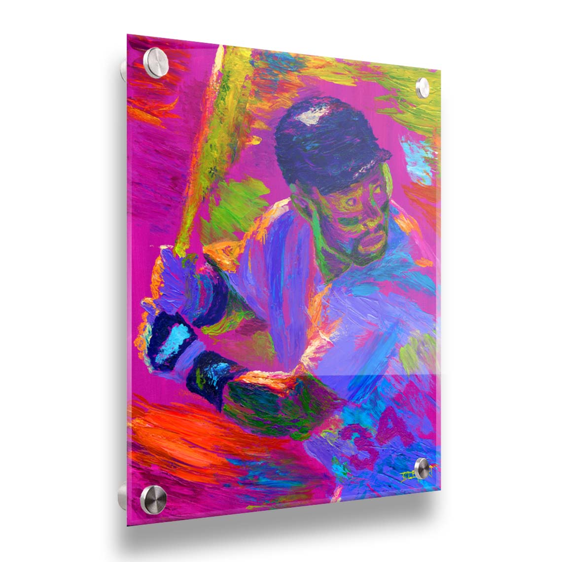 A painting of baseball player Kirby Puckett waiting at bat. Printed on acrylic.