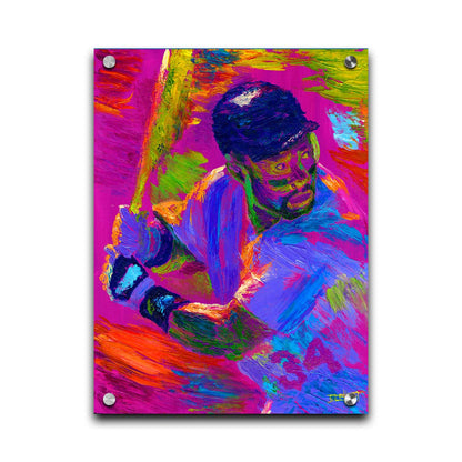 A painting of baseball player Kirby Puckett waiting at bat. Printed on acrylic.