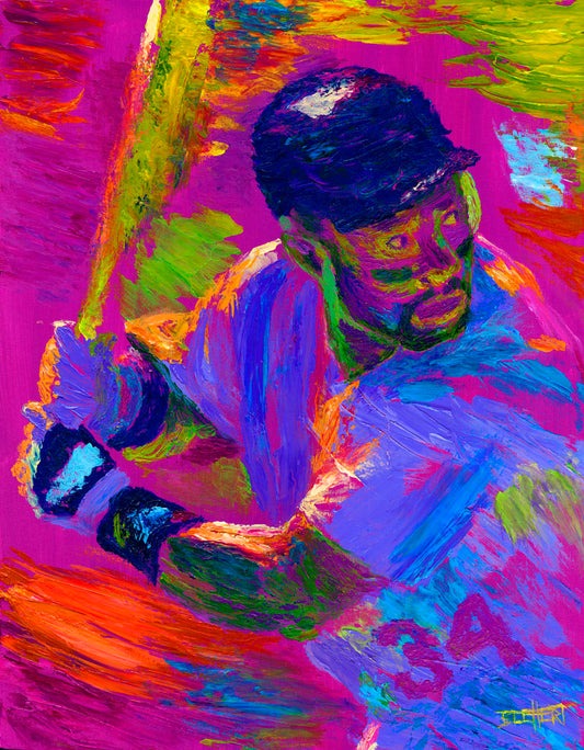 A painting of baseball player Kirby Puckett waiting at bat. 