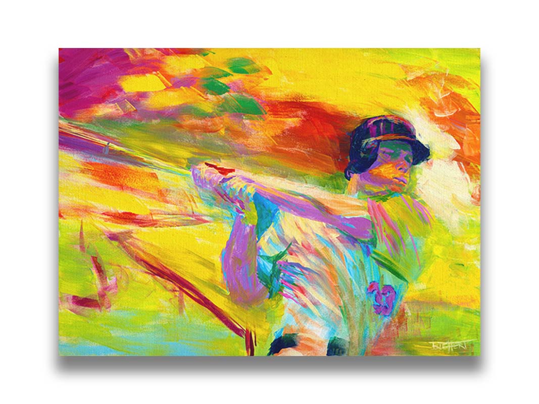 A painting of baseball player Justin Morneau swinigng a baseball bat, against a colorful uellow background, in arbitrary color. Printed on canvas.