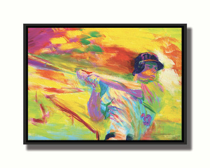 A painting of baseball player Justin Morneau swinigng a baseball bat, against a colorful uellow background, in arbitrary color. Printed on canvas in a float frame.