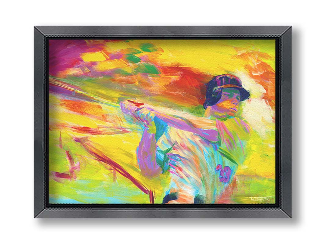 A painting of baseball player Justin Morneau swinigng a baseball bat, against a colorful uellow background, in arbitrary color. Printed on canvas and framed.