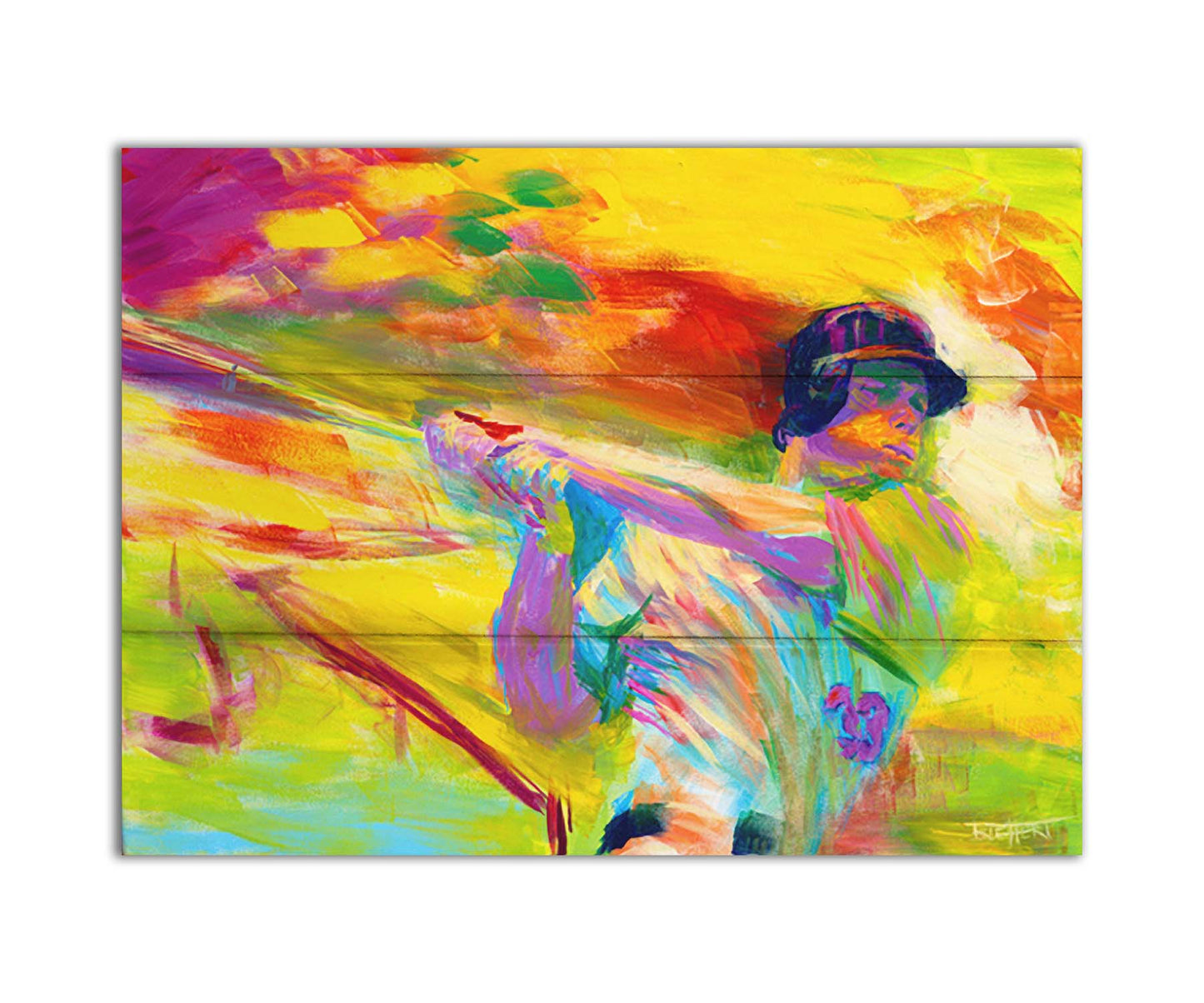 A painting of baseball player Justin Morneau swinigng a baseball bat, against a colorful uellow background, in arbitrary color. Printed on a box board.