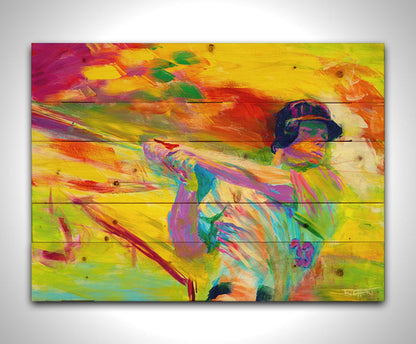 A painting of baseball player Justin Morneau swinigng a baseball bat, against a colorful uellow background, in arbitrary color. Printed on a wood pallet.