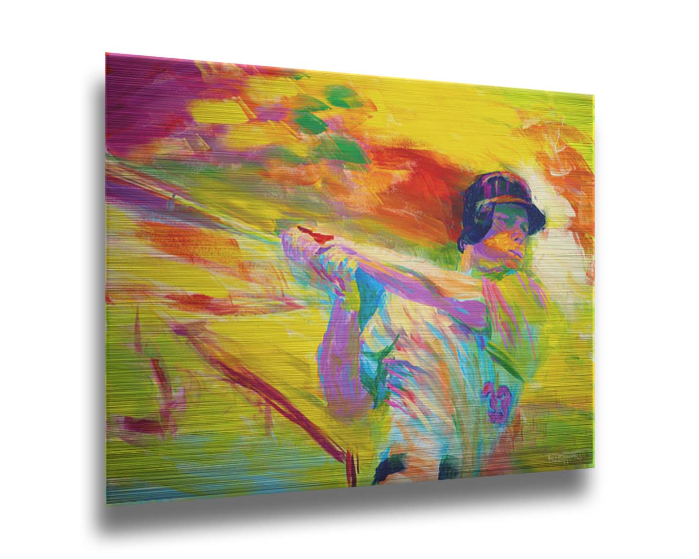 A painting of baseball player Justin Morneau swinigng a baseball bat, against a colorful uellow background, in arbitrary color. Printed on metal.