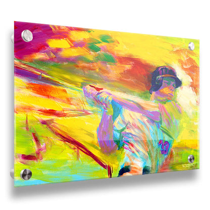 A painting of baseball player Justin Morneau swinigng a baseball bat, against a colorful uellow background, in arbitrary color. Printed on acrylic.