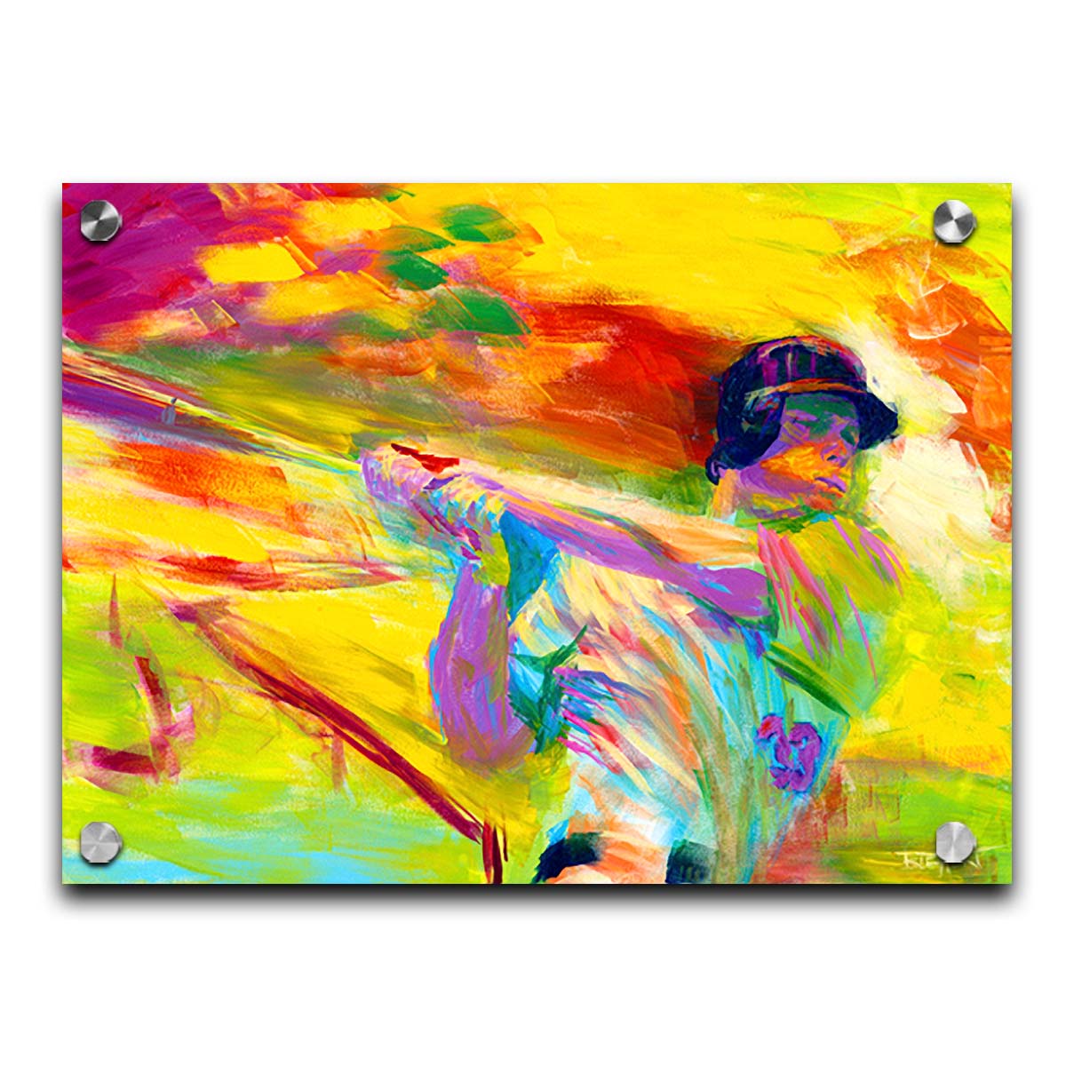 A painting of baseball player Justin Morneau swinigng a baseball bat, against a colorful uellow background, in arbitrary color. Printed on acrylic.