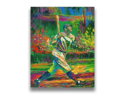 A painting of baseball star Babe Ruth. He has just swung and is posed to run as he watches the ball through the sky outside the frame. Printed on canvas.