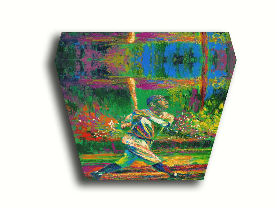 A painting of baseball star Babe Ruth. He has just swung and is posed to run as he watches the ball through the sky outside the frame. Printed on canvas in a float frame.