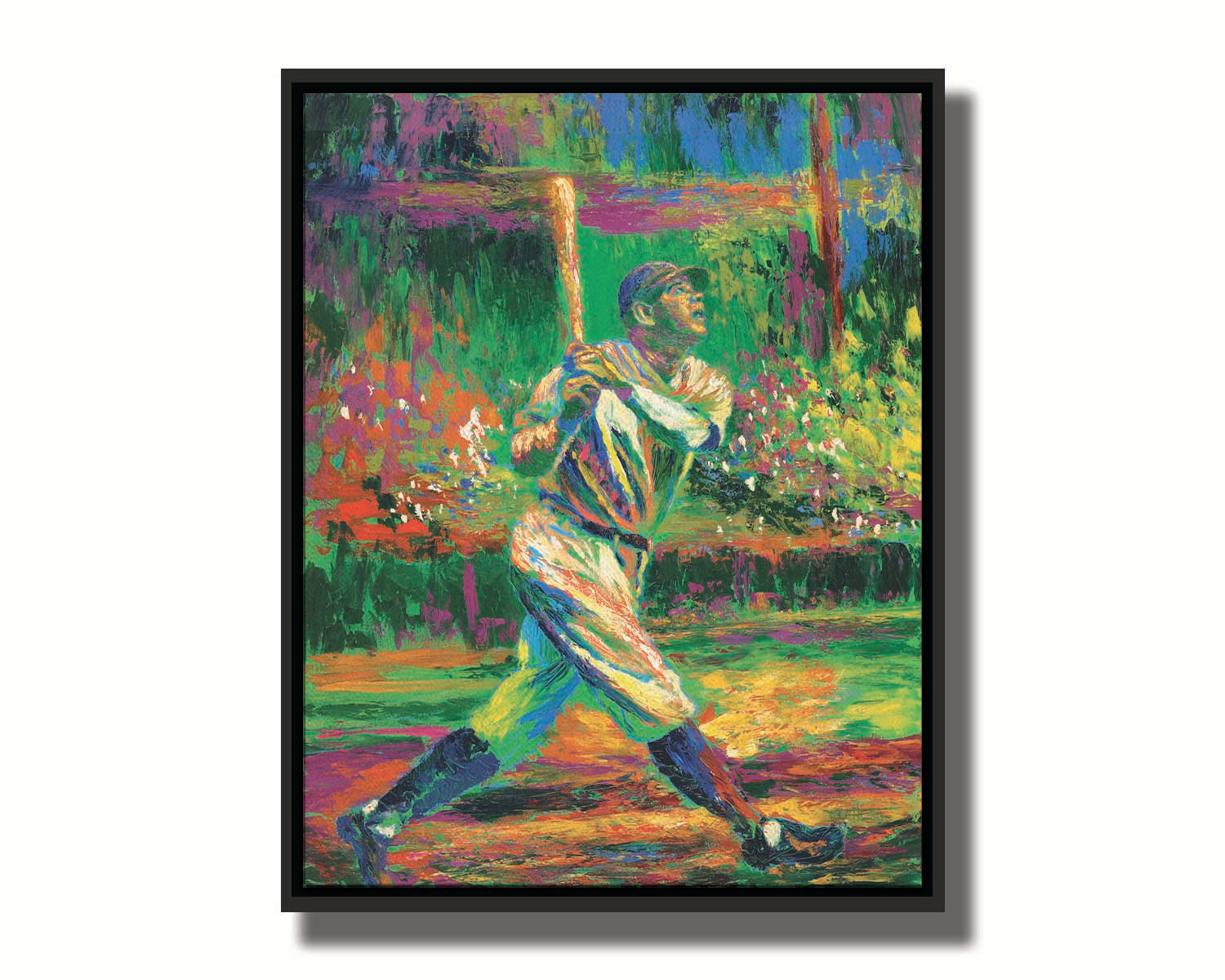 A painting of baseball star Babe Ruth. He has just swung and is posed to run as he watches the ball through the sky outside the frame. Printed on canvas and framed.