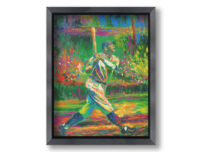 A painting of baseball star Babe Ruth. He has just swung and is posed to run as he watches the ball through the sky outside the frame. Printed on paper, matted, and framed.