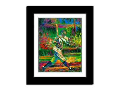 A painting of baseball star Babe Ruth. He has just swung and is posed to run as he watches the ball through the sky outside the frame. Printed on a wood pallet.