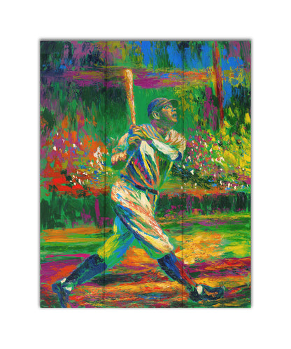 A painting of baseball star Babe Ruth. He has just swung and is posed to run as he watches the ball through the sky outside the frame. Printed on acrylic.