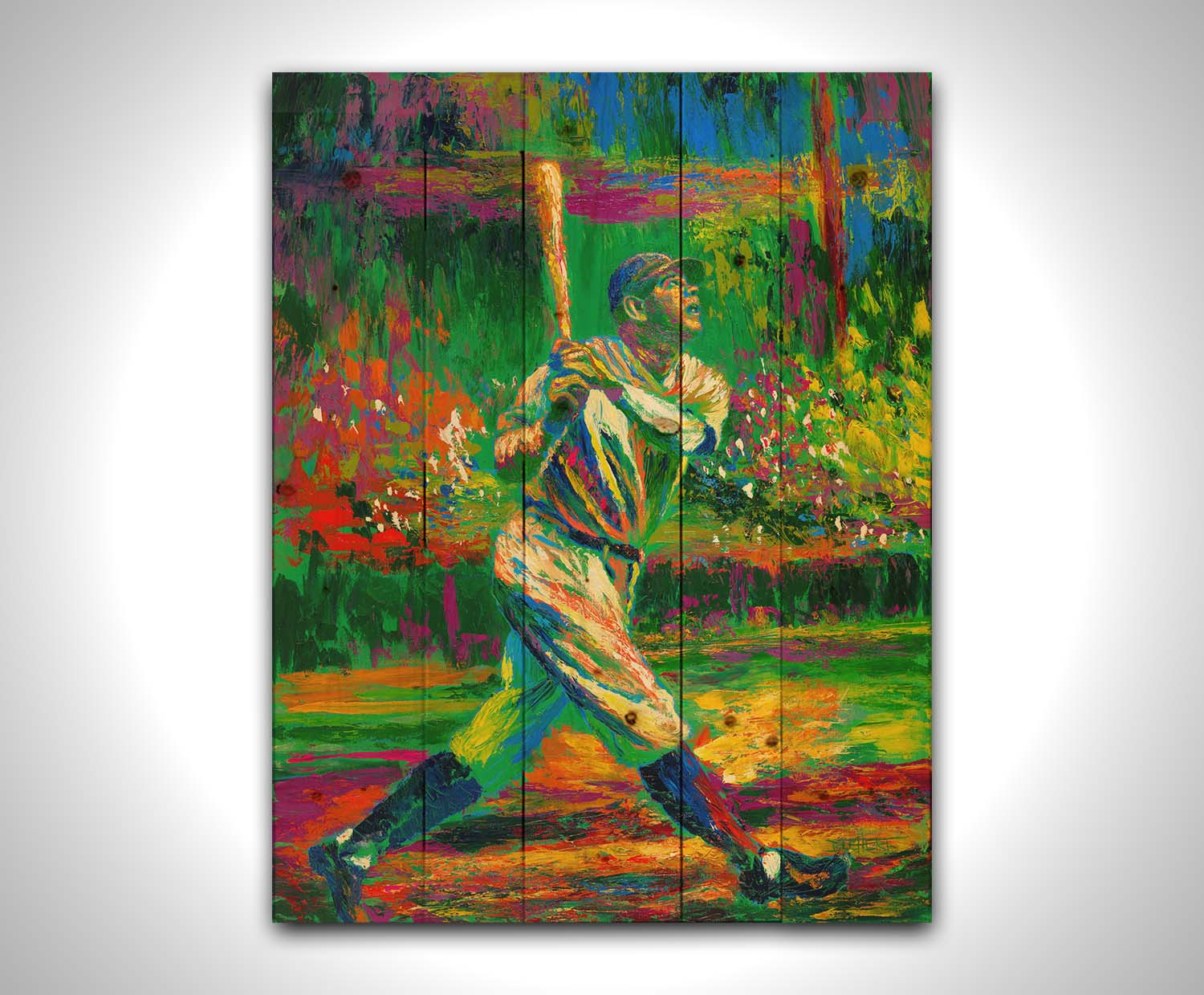 A painting of baseball star Babe Ruth. He has just swung and is posed to run as he watches the ball through the sky outside the frame. Printed on a box board.