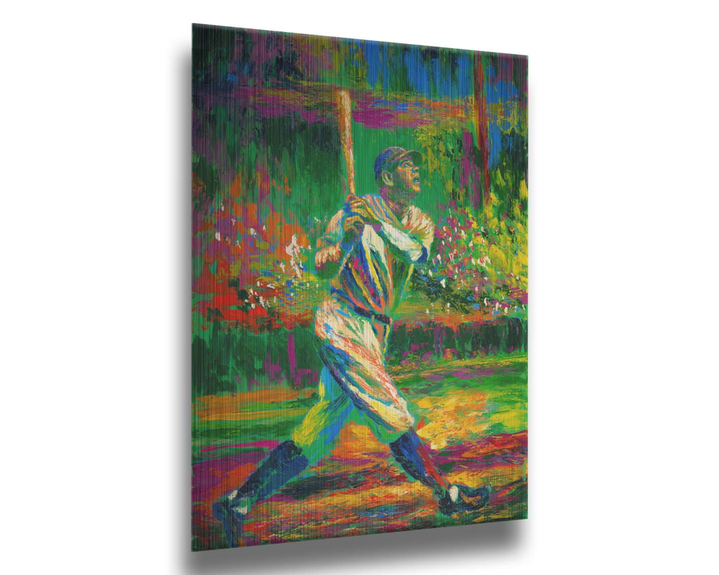 A painting of baseball star Babe Ruth. He has just swung and is posed to run as he watches the ball through the sky outside the frame. Printed on metal.