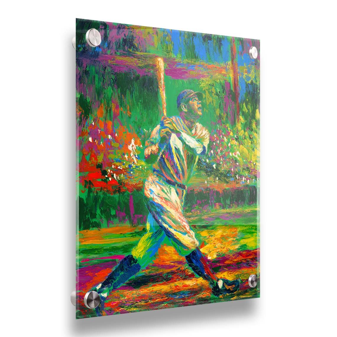 A painting of baseball star Babe Ruth. He has just swung and is posed to run as he watches the ball through the sky outside the frame. Printed on acrylic.