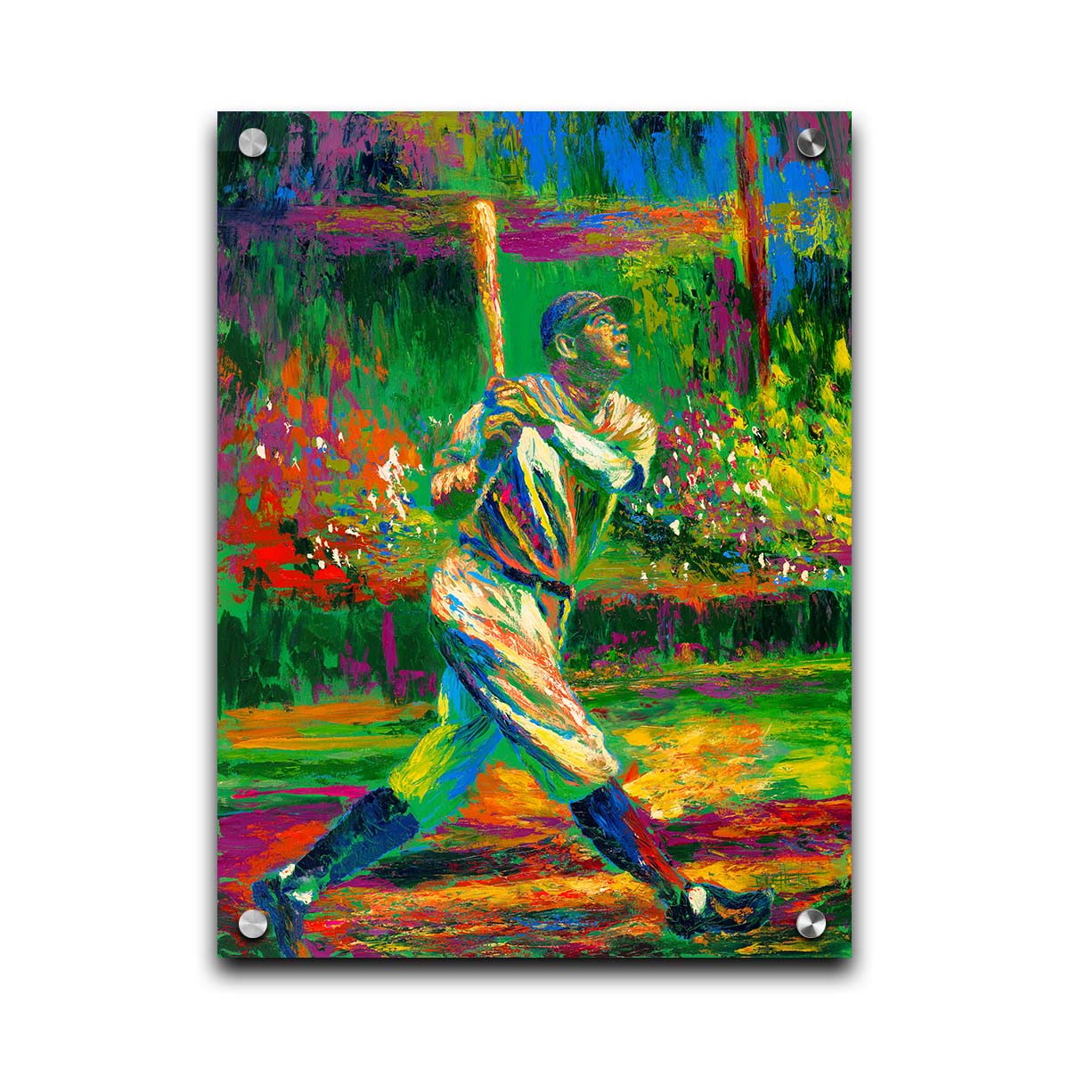 A painting of baseball star Babe Ruth. He has just swung and is posed to run as he watches the ball through the sky outside the frame. Printed on acrylic.