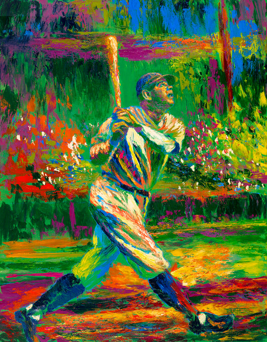 A painting of baseball star Babe Ruth. He has just swung and is posed to run as he watches the ball through the sky outside the frame. 