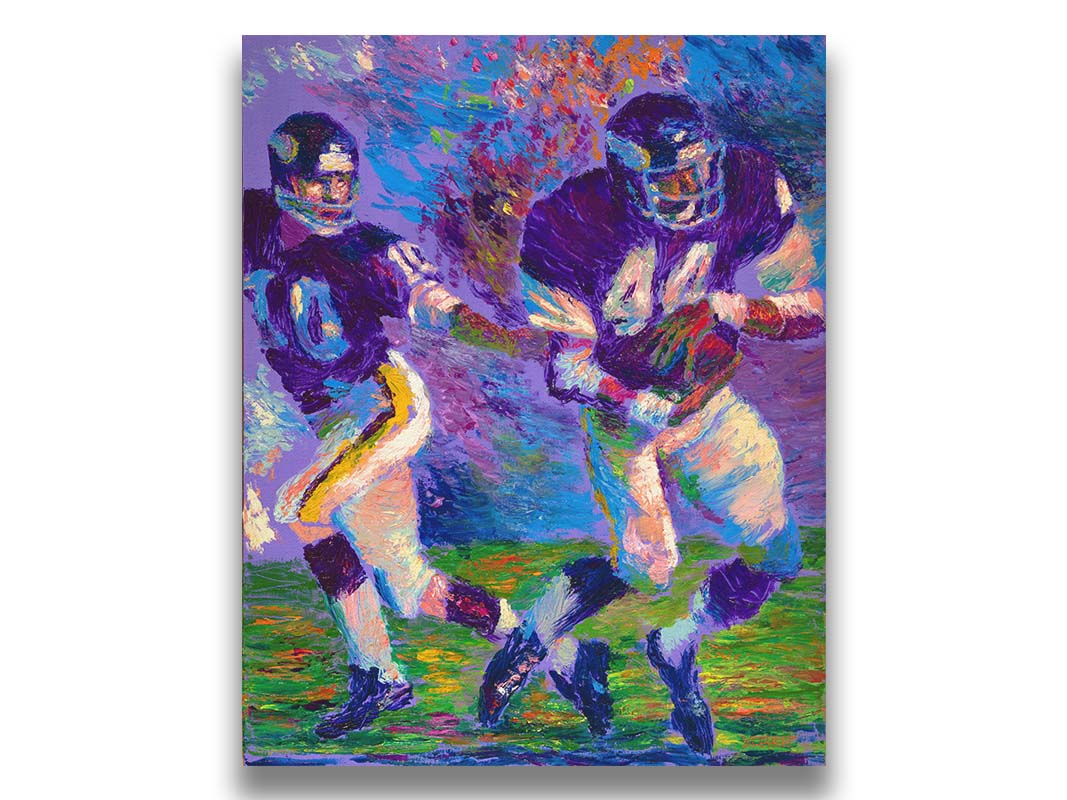 A painting of famed football players Chuck Foreman and Fran Tarkenton running across the field with the ball. Printed on canvas.