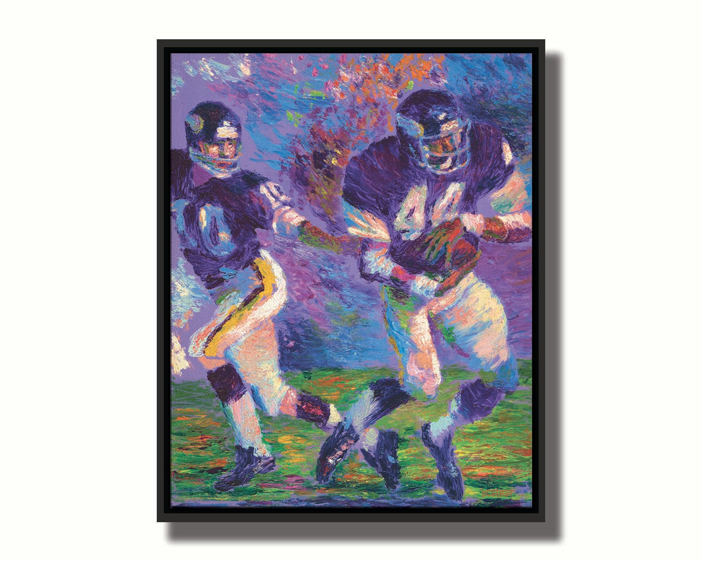 A painting of famed football players Chuck Foreman and Fran Tarkenton running across the field with the ball. Printed on canvas in a float frame.