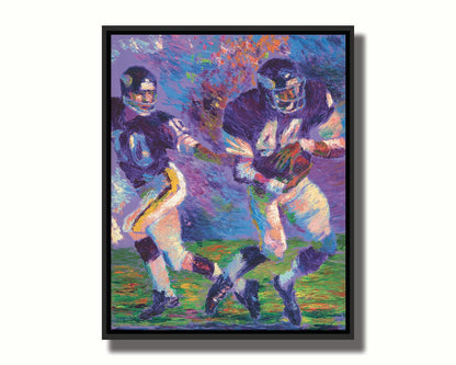 A painting of famed football players Chuck Foreman and Fran Tarkenton running across the field with the ball. Printed on canvas in a float frame.