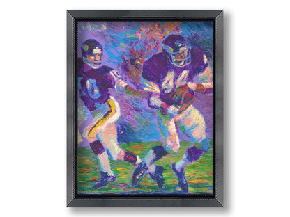 A painting of famed football players Chuck Foreman and Fran Tarkenton running across the field with the ball. Printed on canvas and framed.