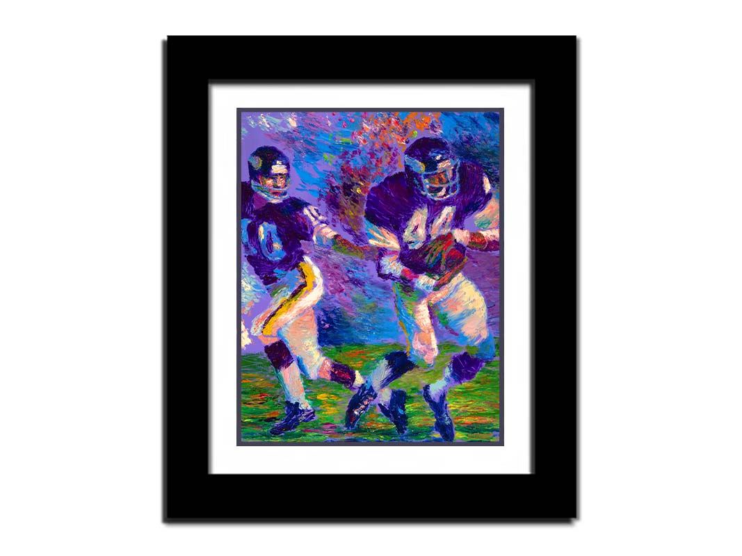 A painting of famed football players Chuck Foreman and Fran Tarkenton running across the field with the ball. Printed on paper, matted, and framed.