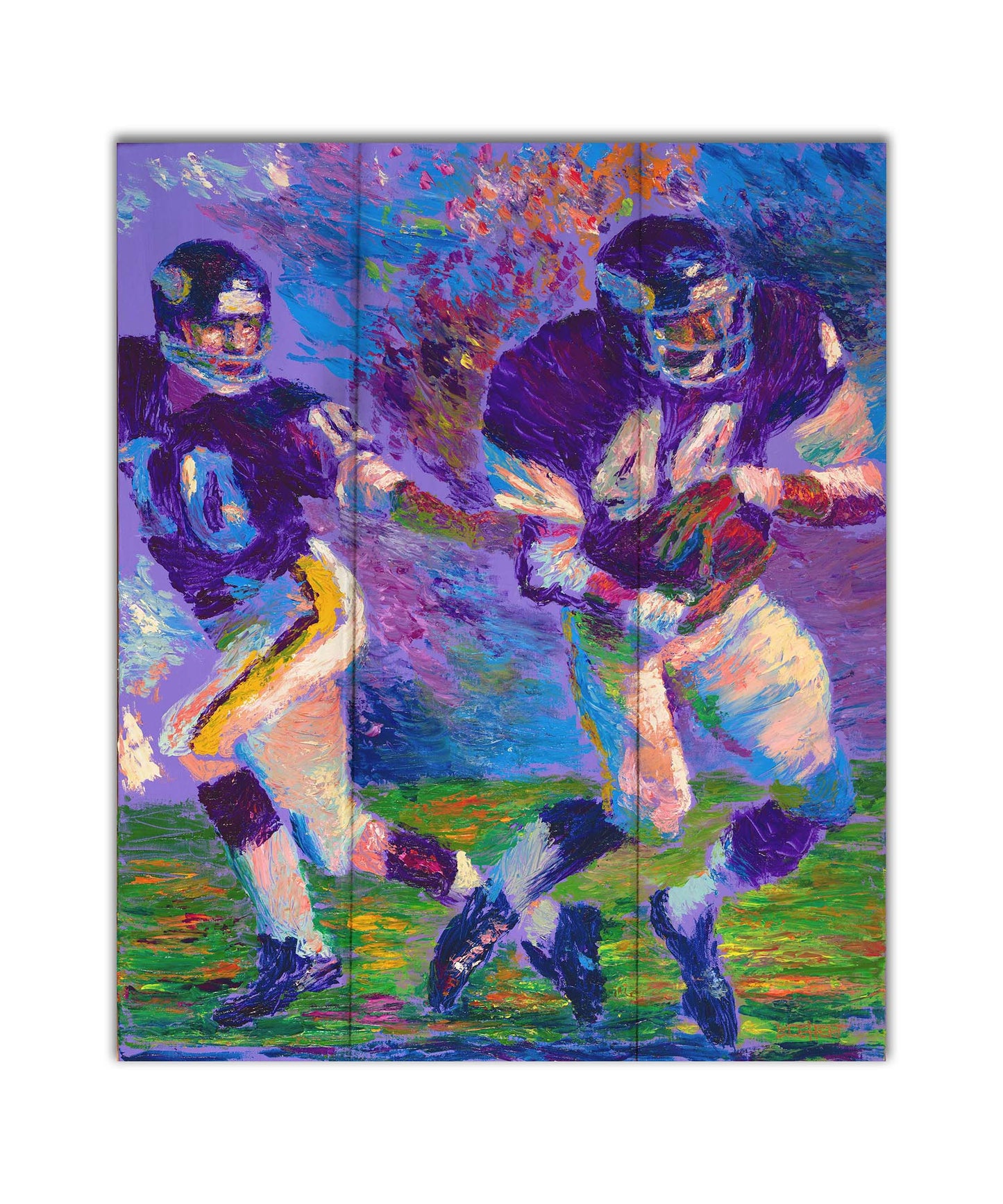 A painting of famed football players Chuck Foreman and Fran Tarkenton running across the field with the ball. Printed on a box board.